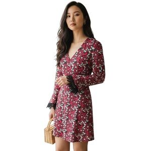 Mika & Gala Red Floral Long Sleeve Mini Dress | Lace Trim | Women’s Size XS